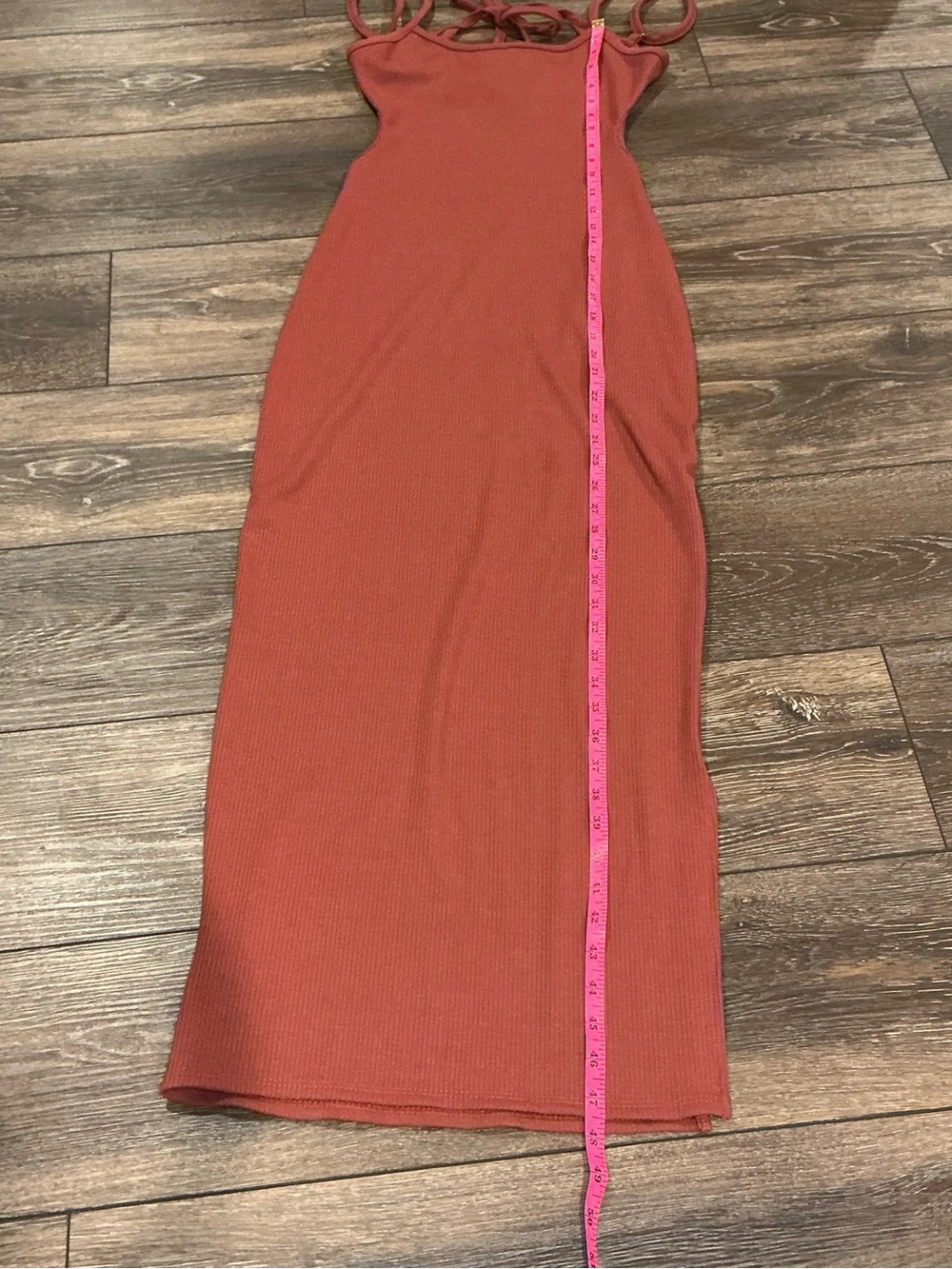 Lulus Rust Ribbed Maxi Dress XS Stretch Tie Back Side Slit - Picture 9 of 12